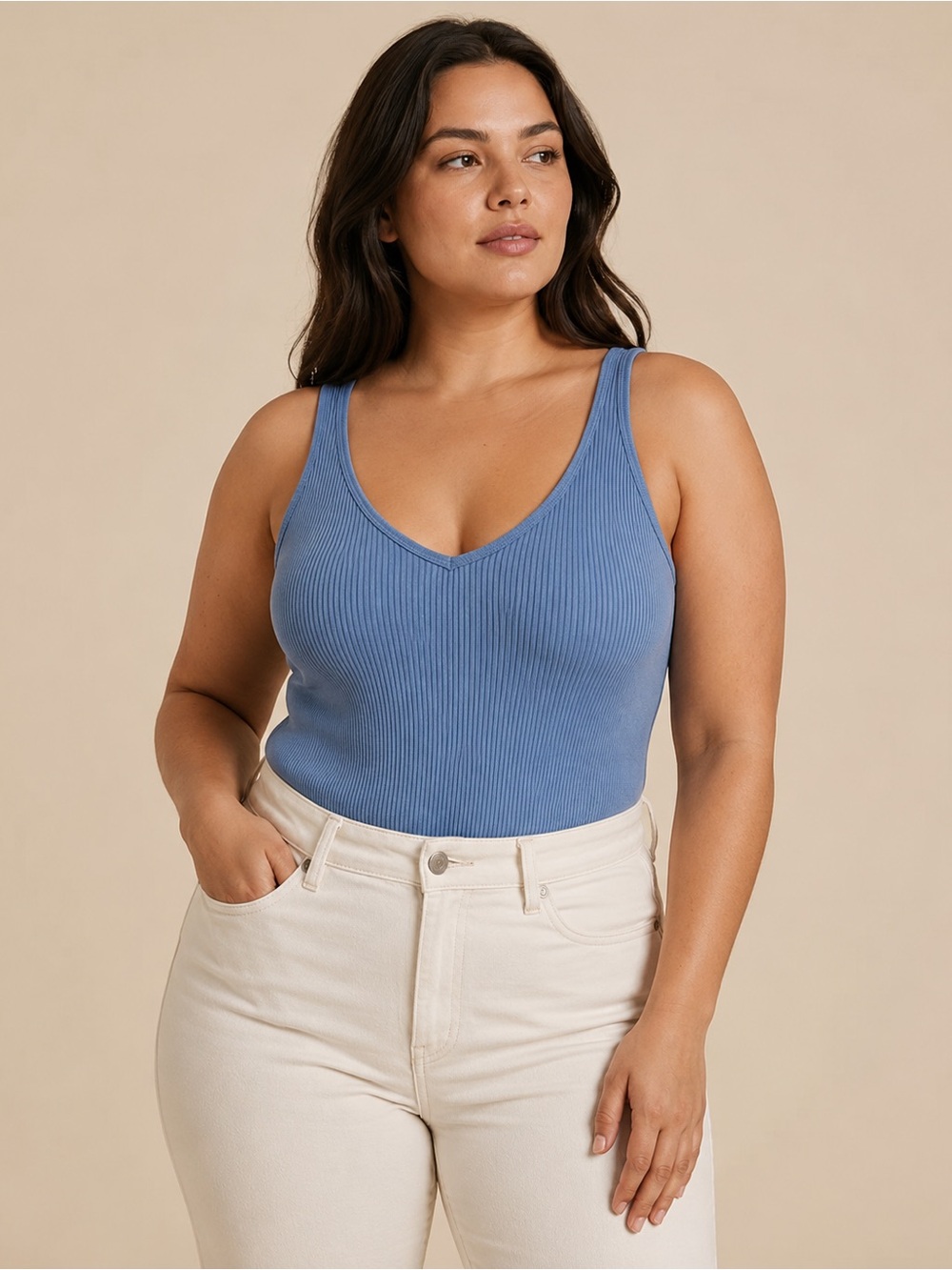 AURA L XL Blue Ribbed Bodysuit NWT V Neck Sleeveless Stretch